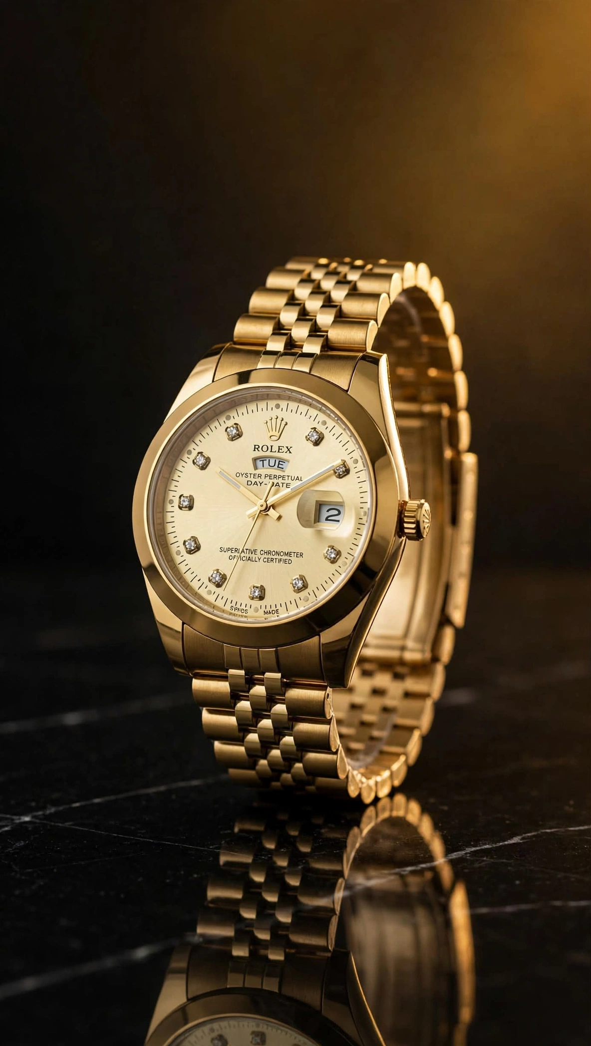 Rolex Gold Day-Date Champagne — Champagne diamond-marker dial with day-date on gold bracelet.