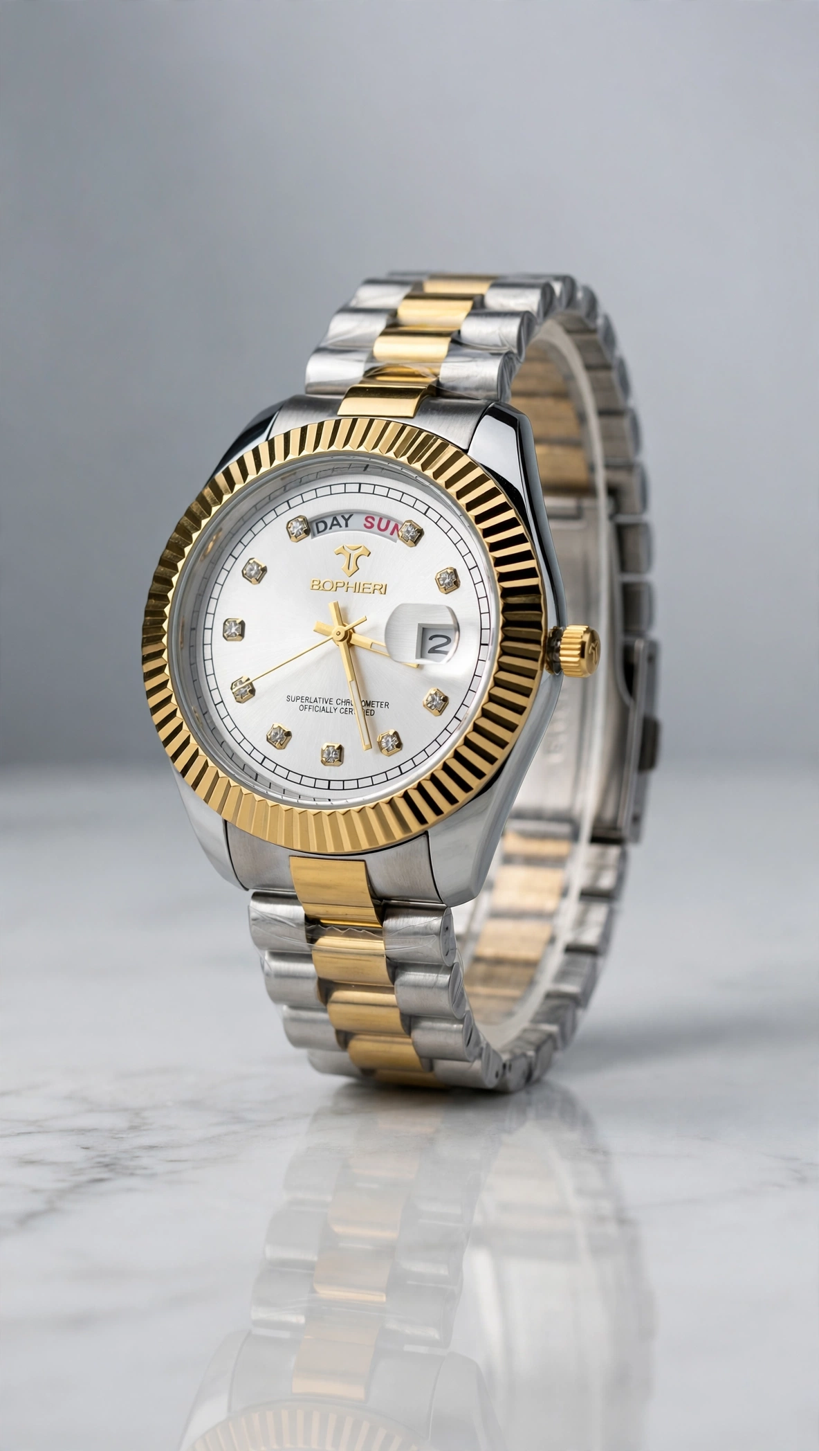 Bophieri Silver Day-Date — Silver sunburst dial with gold fluted bezel and crystal markers.