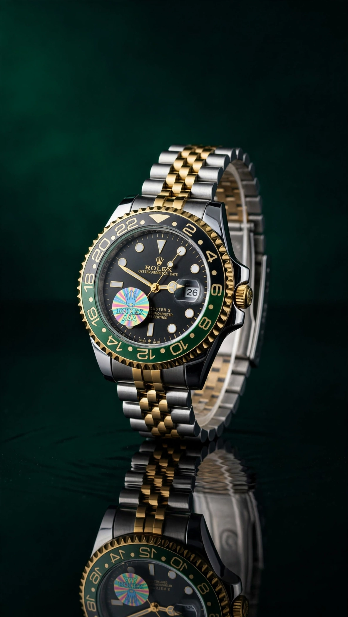 Rolax GMT-Master II Two-Tone — Black dial with green-black 24-hour bezel and two-tone Jubilee.