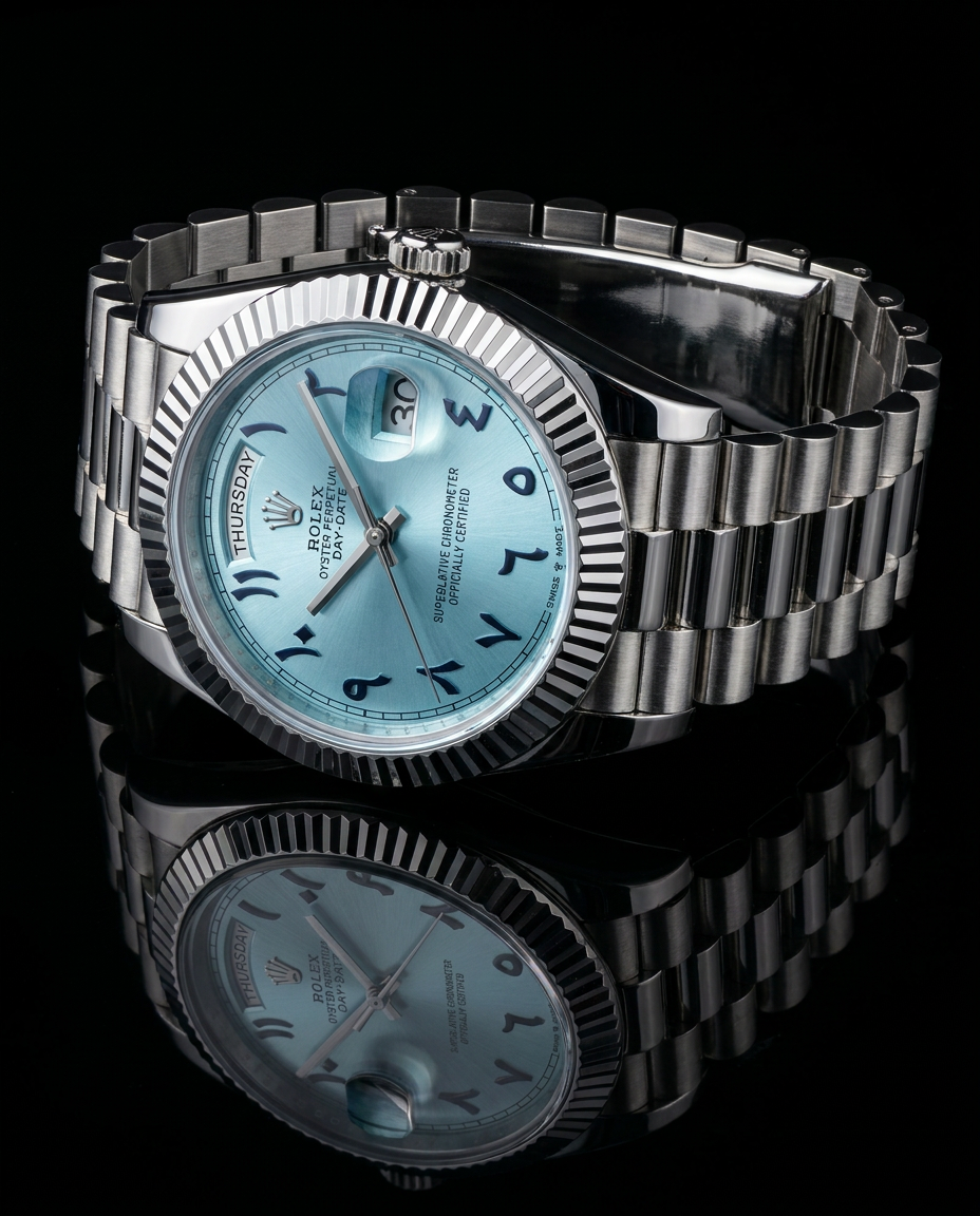 Ice Blue Day-Date Jubilee Arabic Dail by rolex — Ice-blue dial with day-date windows and Jubilee bracelet.
