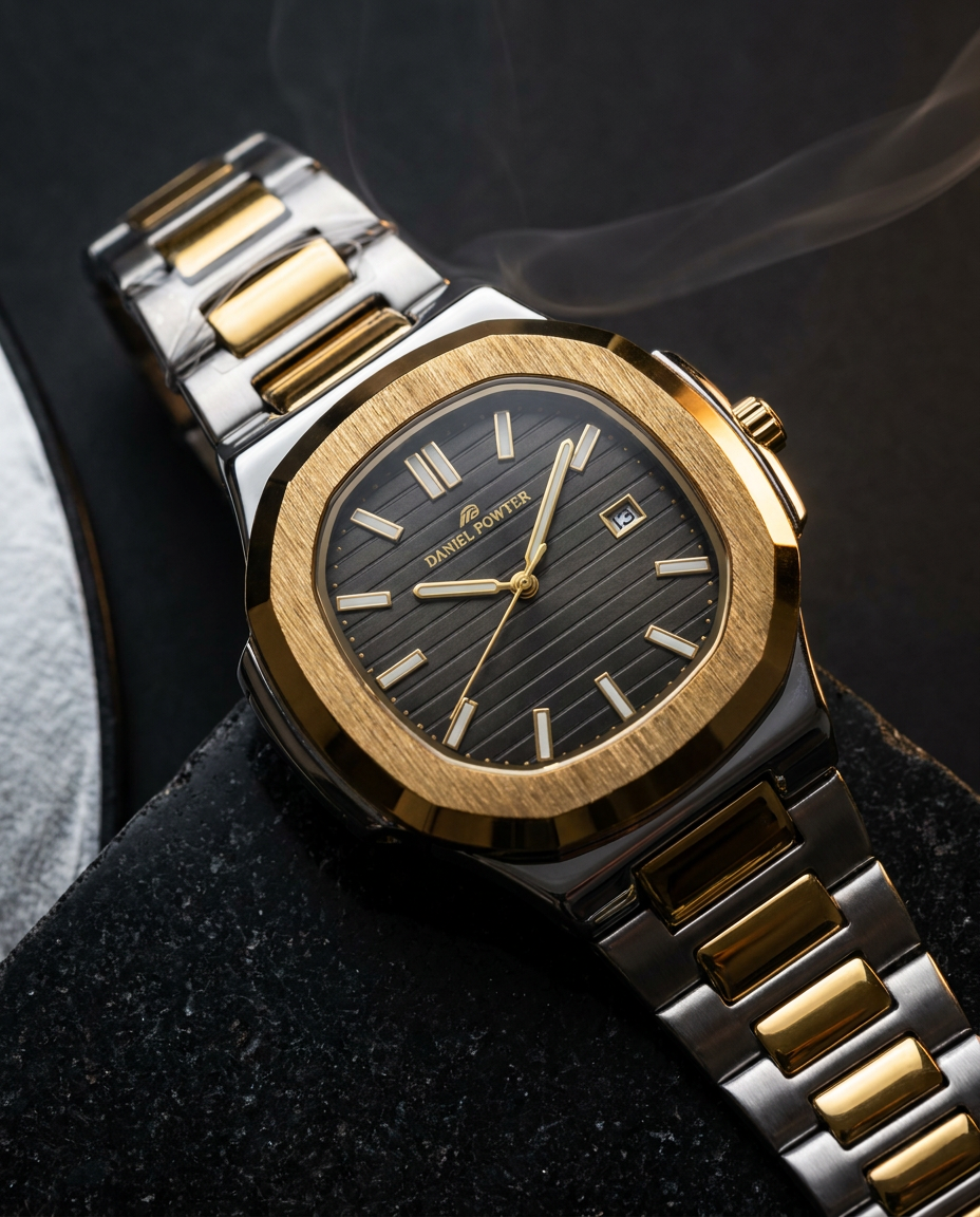 Daniel Power Two-Tone — Black textured dial with brushed gold bezel and integrated bracelet.