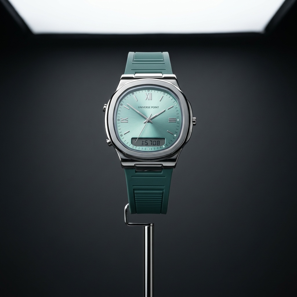 Teal Square Ana-Digi Watch — Cushion-case hybrid watch with teal sunburst dial and integrated silicone strap.