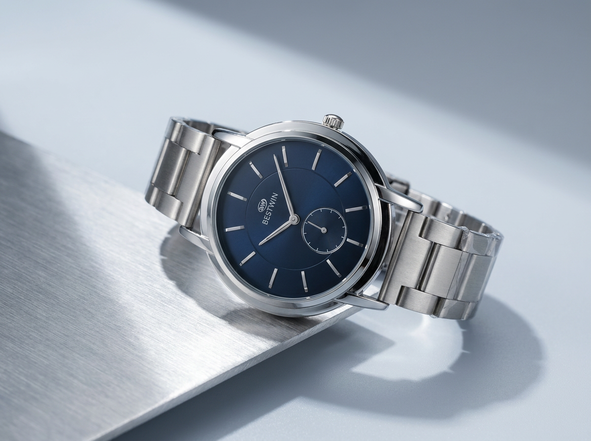 Bestwin Navy Minimalist — Deep navy dial with small seconds on brushed steel.