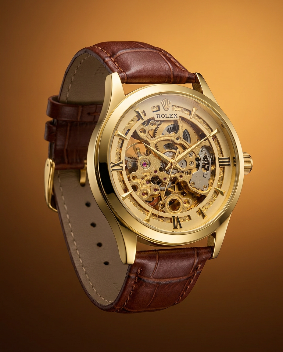 Rolex Gold Skeleton Roman automatic — Rolex Gold open-heart dial with Roman numerals and brown croc strap.