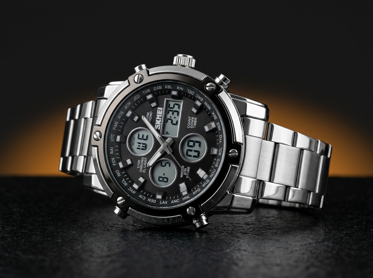 SKMEI Ana-Digi World Time — Black ana-digi dial with world time and chronograph.