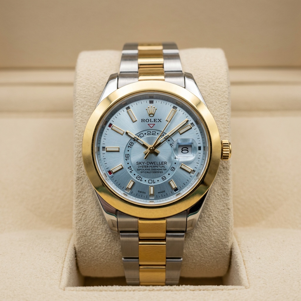 Two-Tone Ice Blue Sunburst Dial Watch | Gold Bezel & Date with Cyclops | Sky-Dweller Inspired — Striking two-tone wristwatch with ice-blue sunburst dial, gold bezel, and date magnifier. Polished silver and gold-tone metal bracelet with refined dress-sport styling.