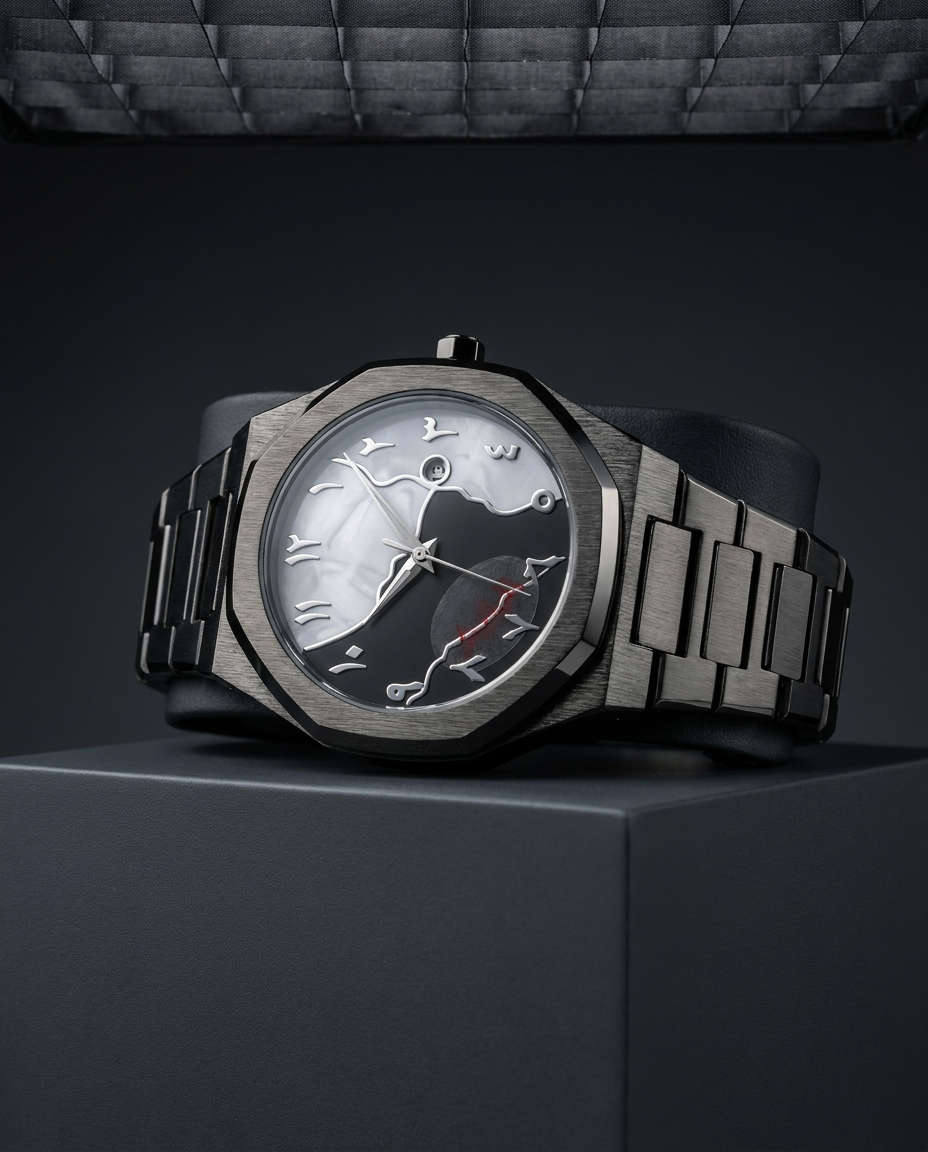 Black Aura Gunmetal Octagonal Watch with Eastern Arabic Dial — A bold geometric timepiece featuring an octagonal brushed bezel and an artistic dual-tone Arabic-Indic dial.