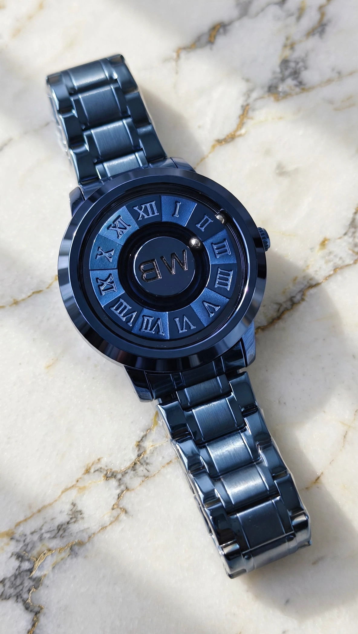 WB Aura Blue Magnetic — Midnight-blue magnetic ball display with Roman numerals.