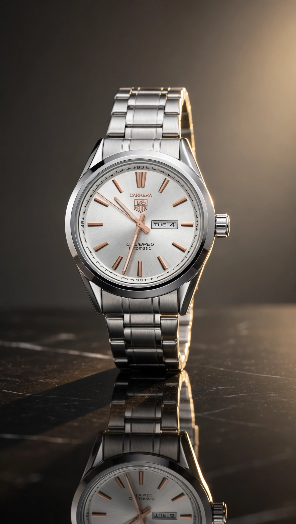 Carrera Calibre 5 Day-Date — Silver Carrera-style dial with rose gold markers on steel.